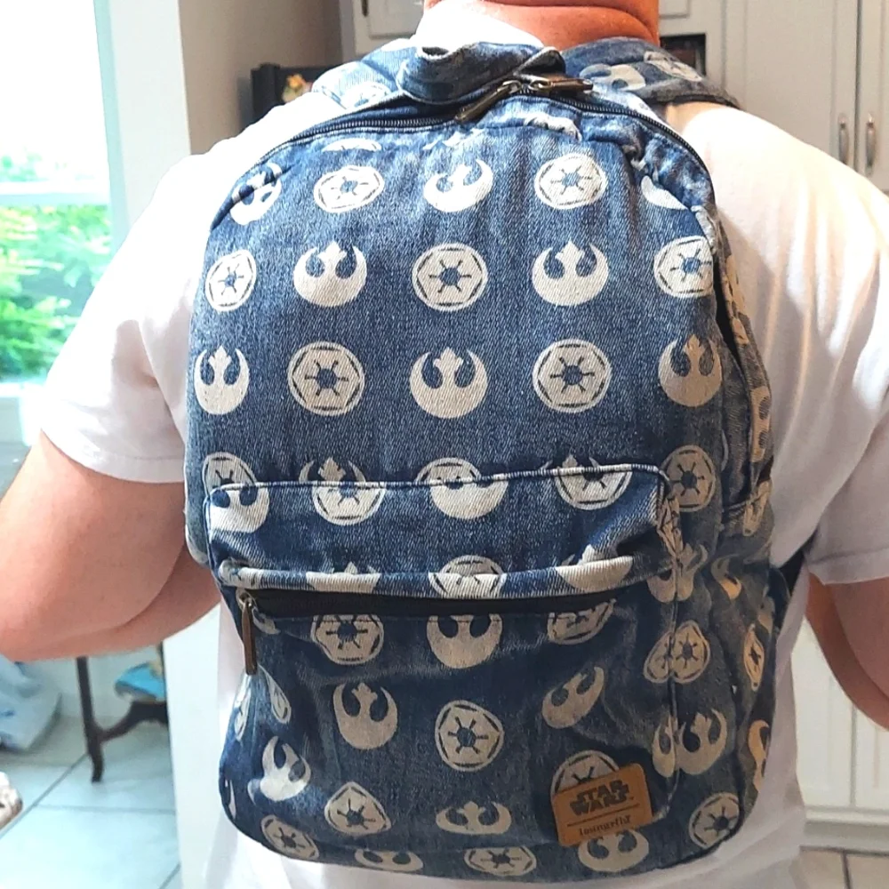 Loungefly Star Wars‎ Backback, Distressed Blue Denim Emblem Pattern, Zip Pockets